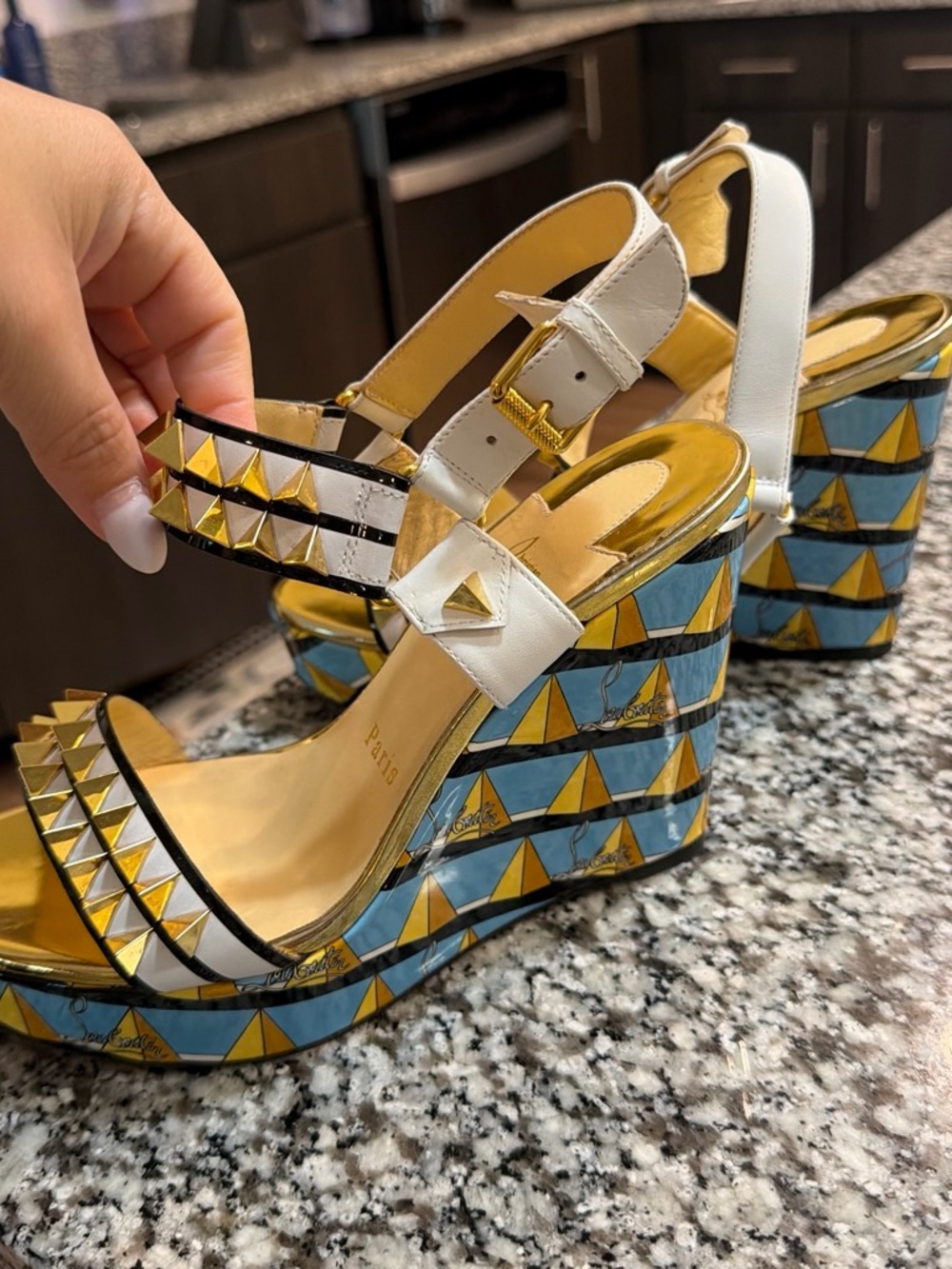 White Studded Wedge Sandals with Blue & Yellow Geometric Print